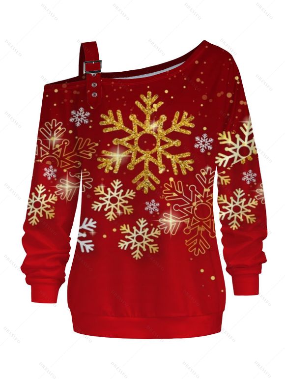 Sweat-shirt de Noël imprimé flocon de neige avec boucle et col incliné - Rouge XXL | US 14