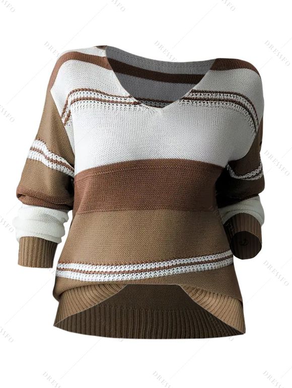 Pull tricoté colorblock, col en V, épaules tombantes, manches longues - Brun XL | US 10