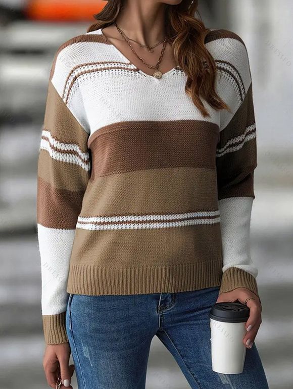 Pull tricoté colorblock, col en V, épaules tombantes, manches longues - Brun S | US 4