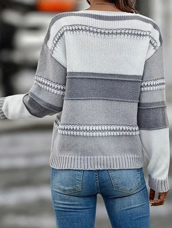 Pull tricoté colorblock, col en V, épaules tombantes, manches longues - Gris Clair XL | US 10