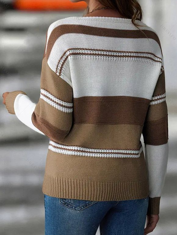 Pull tricoté colorblock, col en V, épaules tombantes, manches longues - Brun S | US 4