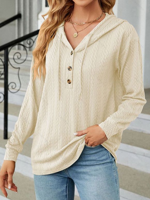 Sweat à capuche en tricot torsadé de couleur unie, pull à manches longues avec cordon de serrage - Beige XL | US 10