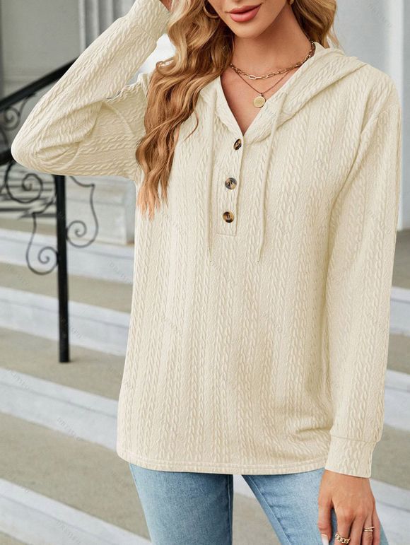 Sweat à capuche en tricot torsadé de couleur unie, pull à manches longues avec cordon de serrage - Beige XL | US 10