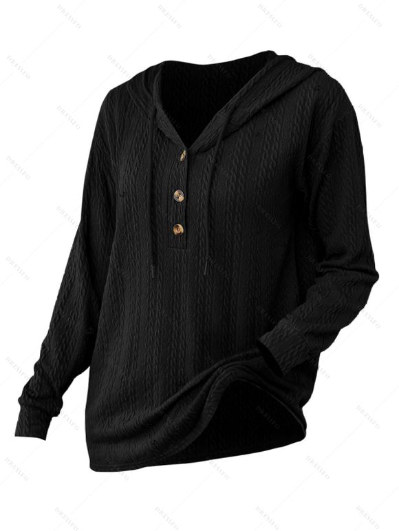 Sweat à capuche en tricot torsadé de couleur unie, pull à manches longues avec cordon de serrage - Noir XL | US 10