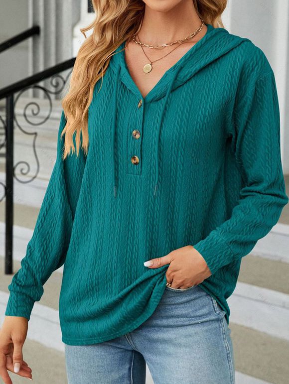 Sweat à capuche en tricot torsadé de couleur unie, pull à manches longues avec cordon de serrage - Paon Bleu XL | US 10