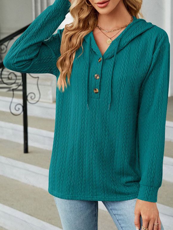 Sweat à capuche en tricot torsadé de couleur unie, pull à manches longues avec cordon de serrage - Paon Bleu XL | US 10