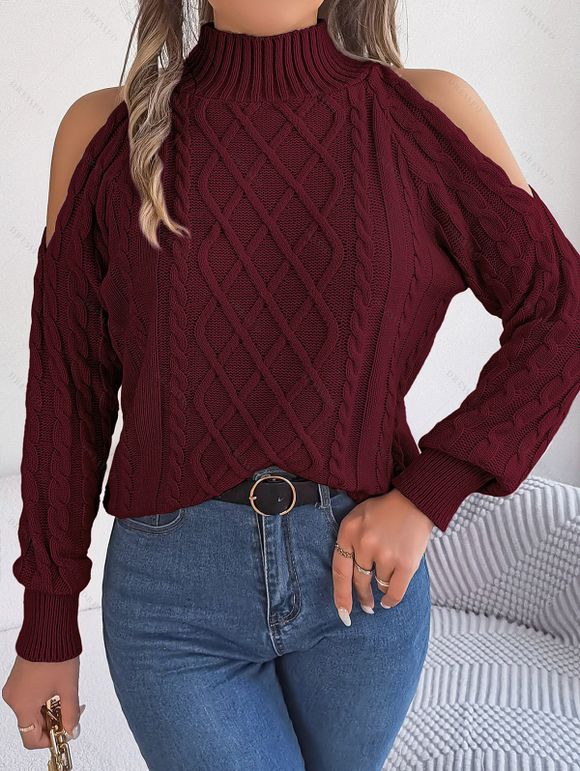 Pull de couleur unie en tricot torsadé à épaules dénudées et col montant - Rouge foncé XL | US 10