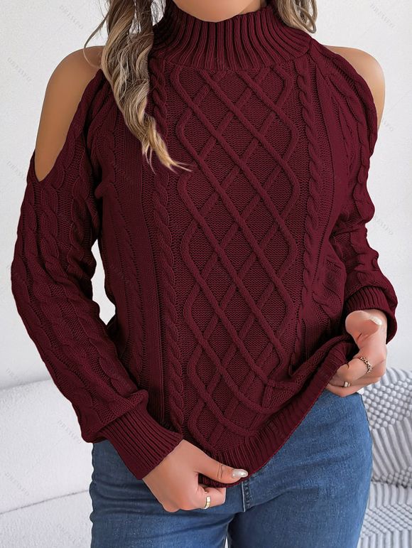Pull de couleur unie en tricot torsadé à épaules dénudées et col montant - Rouge foncé XL | US 10