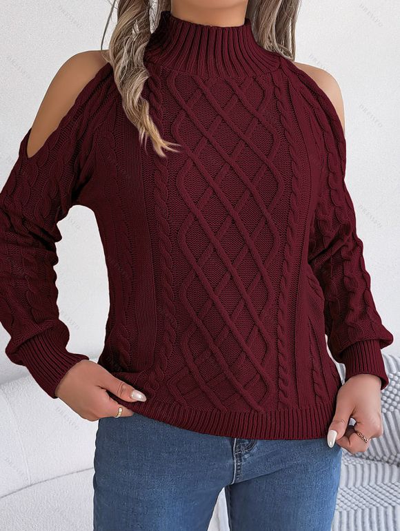 Pull de couleur unie en tricot torsadé à épaules dénudées et col montant - Rouge foncé XL | US 10