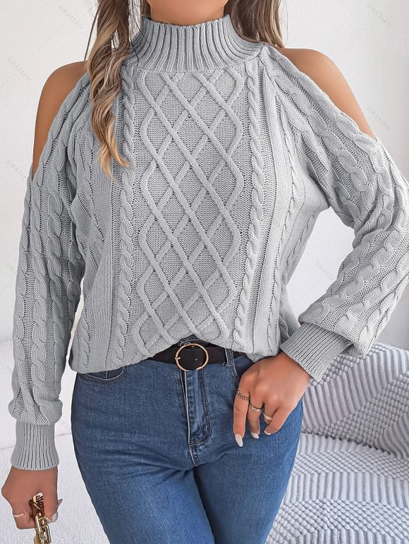 Pull de couleur unie en tricot torsadé à épaules dénudées et col montant - Gris Clair XL | US 10