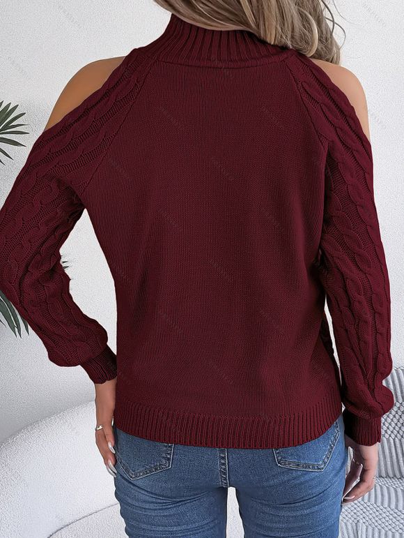 Pull de couleur unie en tricot torsadé à épaules dénudées et col montant - Rouge foncé XL | US 10