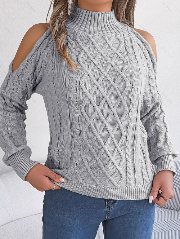 Pull de couleur unie en tricot torsadé à épaules dénudées et col montant - Gris Clair XL | US 10