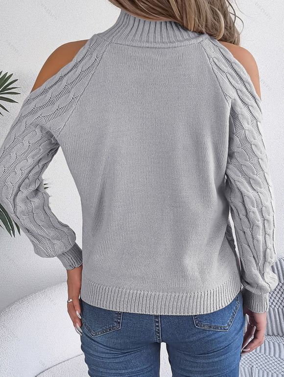 Pull de couleur unie en tricot torsadé à épaules dénudées et col montant - Gris Clair XL | US 10