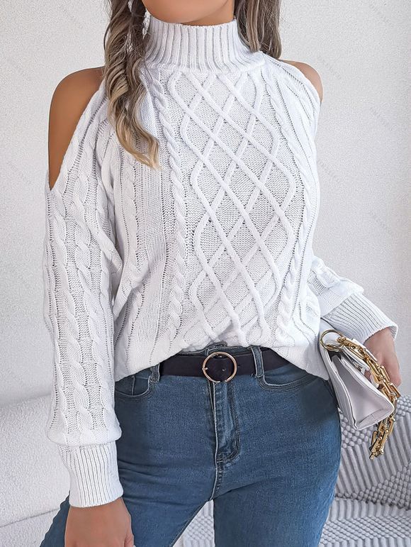 Pull de couleur unie en tricot torsadé à épaules dénudées et col montant - Blanc L | US 8