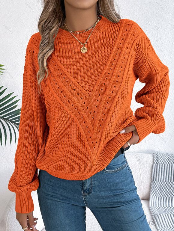 Pull de couleur unie texturé à manches lanternes ajourées - Orange XL | US 10