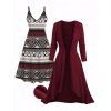 Ensemble robe à imprimé géométrique ethnique et haut long texturé ouvert sur le devant - Rouge foncé S | US 4