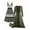 Ensemble robe à imprimé géométrique ethnique et haut long texturé ouvert sur le devant - Vert Armée XXL | US 14