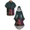 Halloween Couple Outfit Wizard Forest Print High Low Hoodie Dress and Shirt Set - Paon Bleu S | US 4