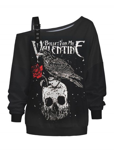 Sweat-shirt gothique à imprimé tête de mort, corbeau, rose, lettres, sangle à boucle, col incliné
