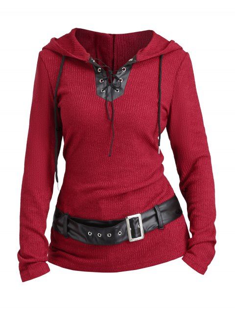 Haut à capuche colorblock Haut à capuche texturé en tricot avec ceinture à œillets