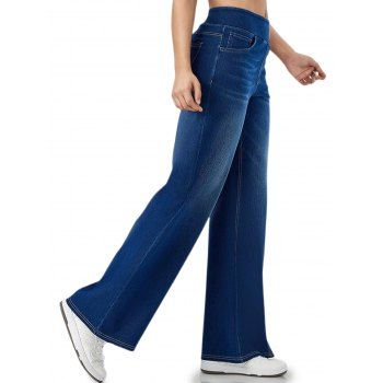 Light Washed Wide Leg Jeans Pocket Elastic High Waist Long Pants