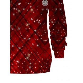 Christmas Sweatshirt Colorblock Plaid Snowflake Print Buckle Strap Skew Neck Sweatshirt