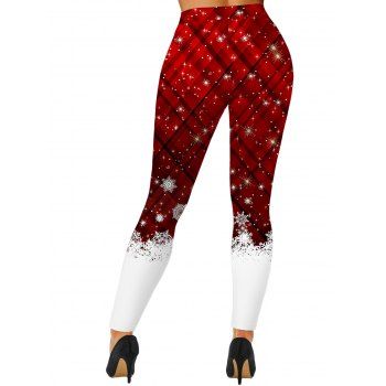 Christmas Leggings Colorblock Plaid Snowflake Print Elastic Waist Leggings