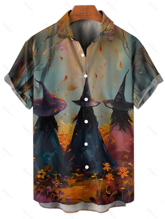 Chemise d'Halloween pour homme, chemise boutonnée à imprimé forêt de sorciers - Brun Légère 5XL