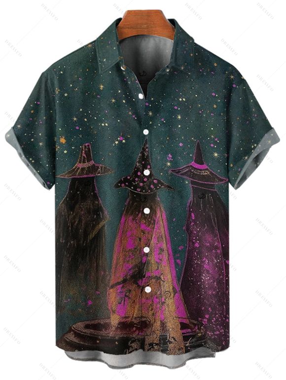 Chemise d'Halloween pour homme, chemise boutonnée à imprimé forêt de sorciers - Paon Bleu 4XL