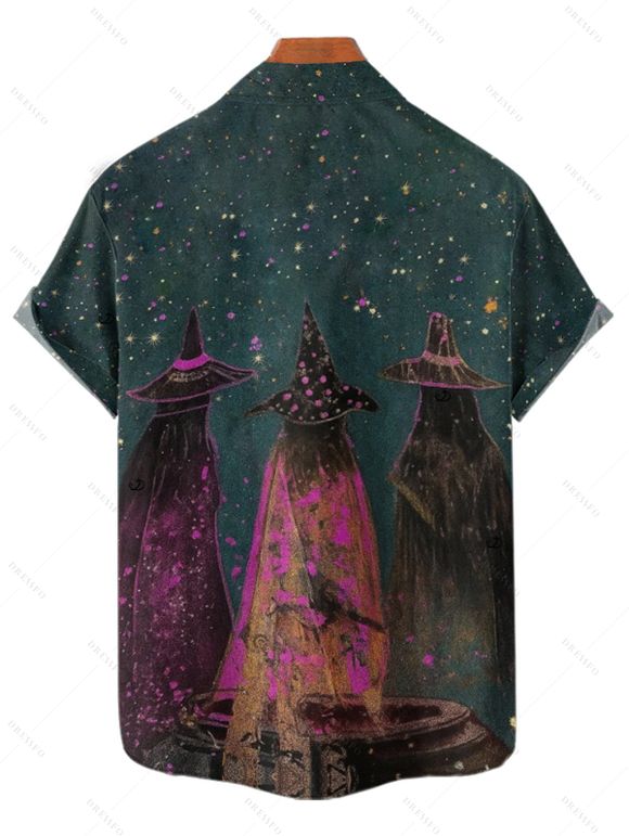 Chemise d'Halloween pour homme, chemise boutonnée à imprimé forêt de sorciers - Paon Bleu 5XL