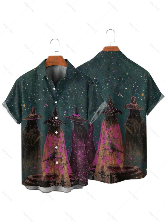 Chemise d'Halloween pour homme, chemise boutonnée à imprimé forêt de sorciers - Paon Bleu 5XL