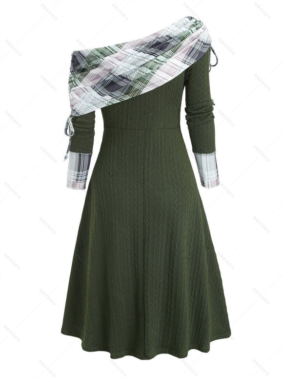 Robe à carreaux en maille torsadée, col cintrée, manches longues et lacets - Vert profond XL | US 12