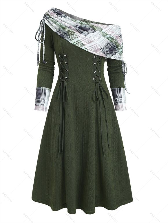 Robe à carreaux en maille torsadée, col cintrée, manches longues et lacets - Vert profond XL | US 12