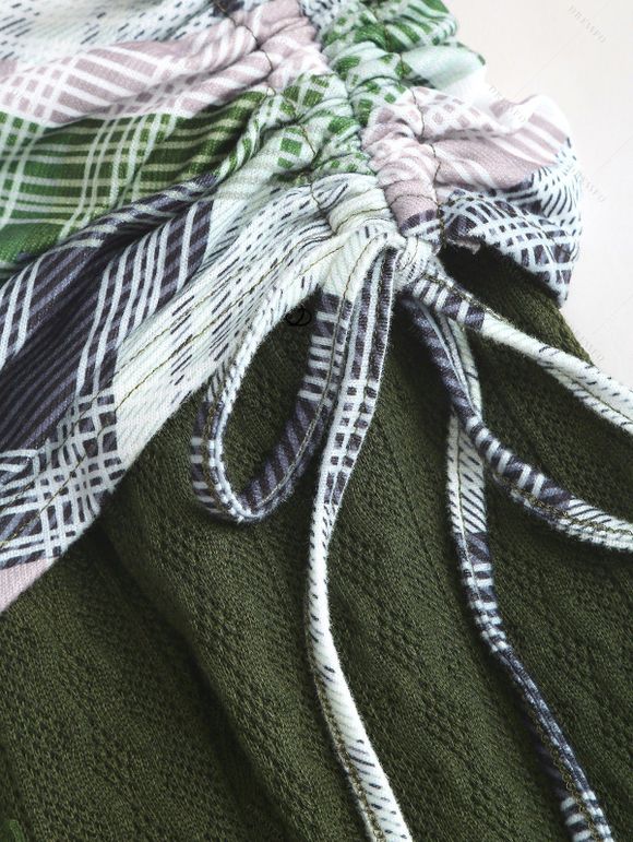 Robe à carreaux en maille torsadée, col cintrée, manches longues et lacets - Vert profond XL | US 12