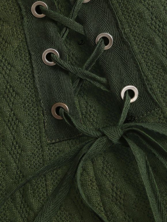 Robe à carreaux en maille torsadée, col cintrée, manches longues et lacets - Vert profond XL | US 12