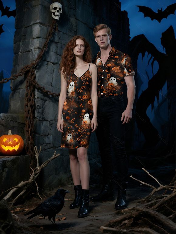 Halloween Couple Outfit Ghost with Pumpkin Print Dress and Shirt Set - Noir S | US 4