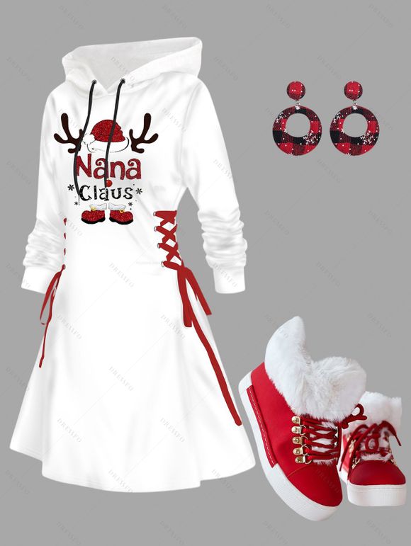 Christmas Outfit Elk Pattern Lace Up Hooded Dress and Plaid Snowflake Earrings Boots Set - Blanc S | US 4