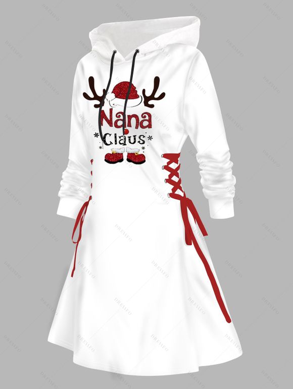 Christmas Outfit Elk Pattern Lace Up Hooded Dress and Plaid Snowflake Earrings Boots Set - Blanc S | US 4