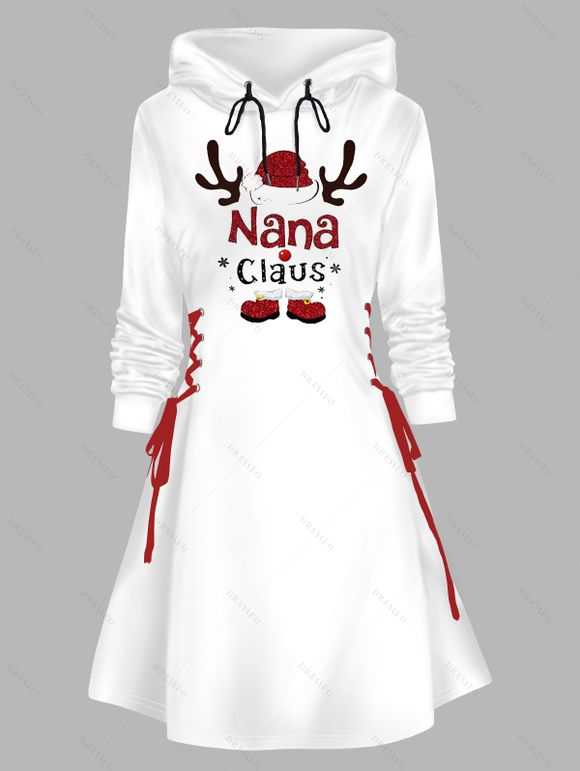 Christmas Outfit Elk Pattern Lace Up Hooded Dress and Plaid Snowflake Earrings Boots Set - Blanc S | US 4