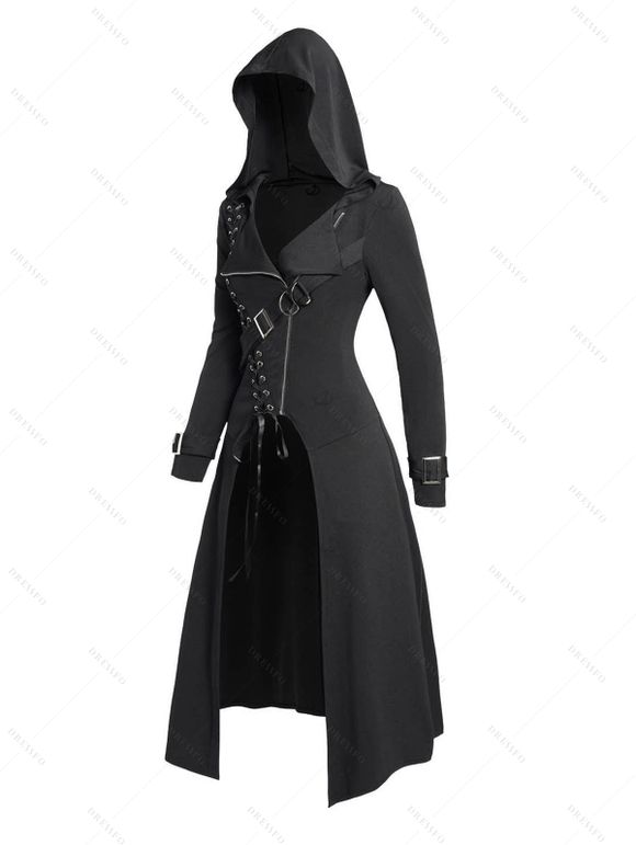 Gothic Women Outfit Lace Up Zip Hooded Coat and Grommet Leggings Set - Noir S | US 4