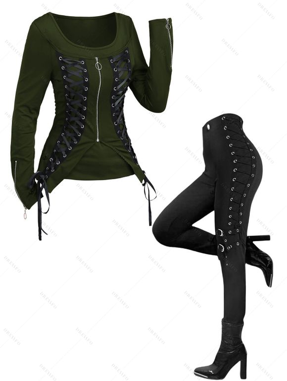 Gothic Women Outfit Lace Up Zip Square Neck Top and Grommet Leggings Set - Vert Armée S | US 4