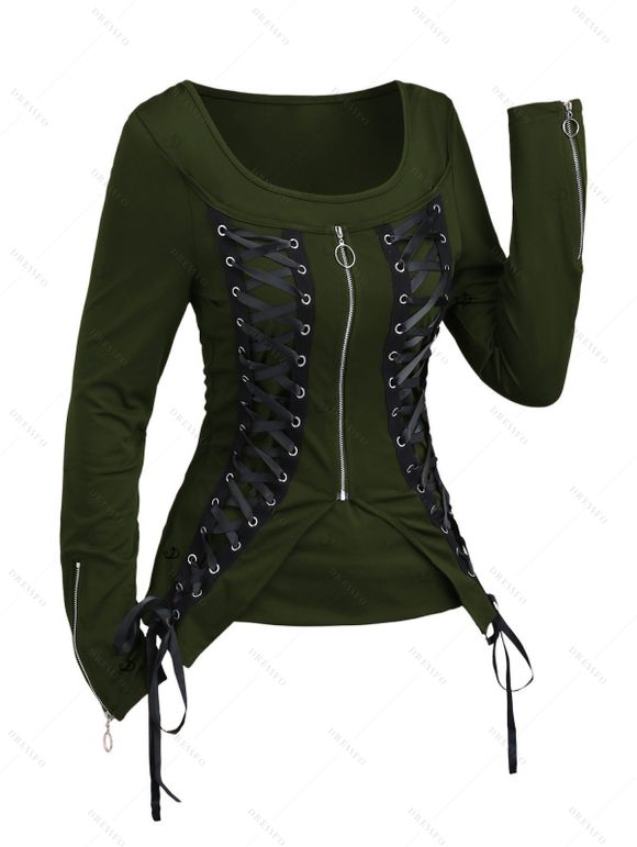 Gothic Women Outfit Lace Up Zip Square Neck Top and Grommet Leggings Set - Vert Armée S | US 4