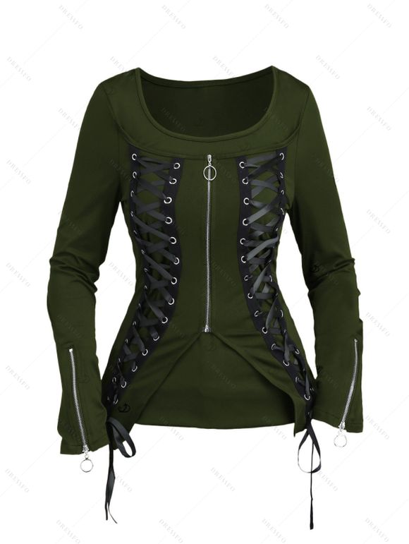 Gothic Women Outfit Lace Up Zip Square Neck Top and Grommet Leggings Set - Vert Armée S | US 4