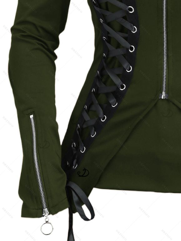 Gothic Women Outfit Lace Up Zip Square Neck Top and Grommet Leggings Set - Vert Armée S | US 4