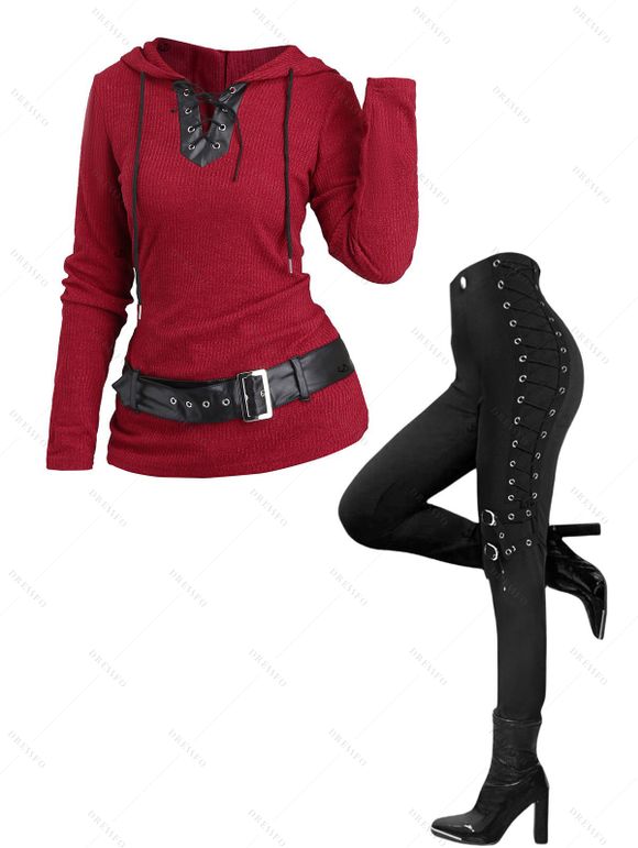 Women Outfit Colorblock Knitted Belt Hoodie Top and Grommet Leggings Set - Rouge Vineux S | US 4