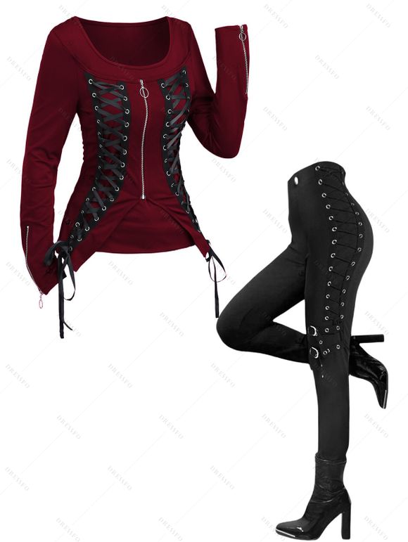 Gothic Women Outfit Lace Up Zip Square Neck Top and Grommet Leggings Set - Rouge Vineux S | US 4