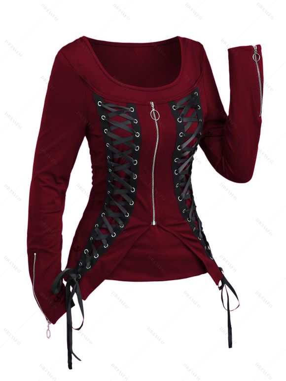 Gothic Women Outfit Lace Up Zip Square Neck Top and Grommet Leggings Set - Rouge Vineux S | US 4