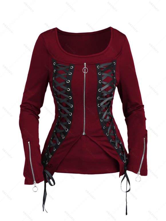 Gothic Women Outfit Lace Up Zip Square Neck Top and Grommet Leggings Set - Rouge Vineux S | US 4