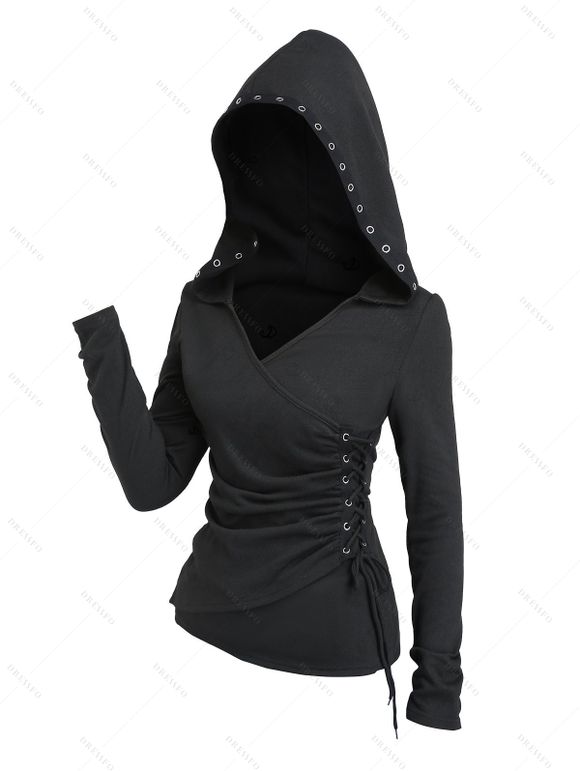 Haut à capuche de couleur unie à lacets et œillets froncés - Noir XXL | US 14