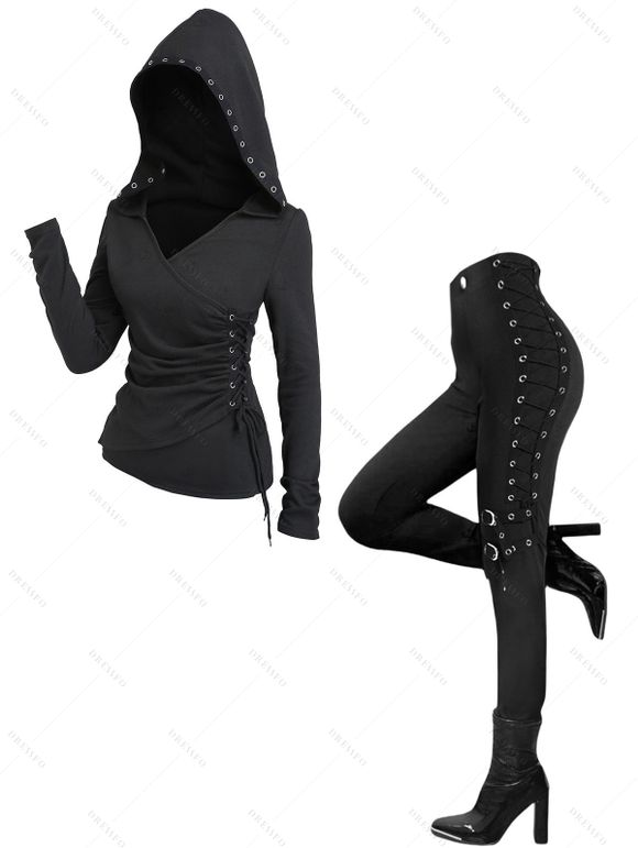 Gothic Outfit Solid Color Lace Up Hoodie Top and Grommet Leggings Set - Noir S | US 4